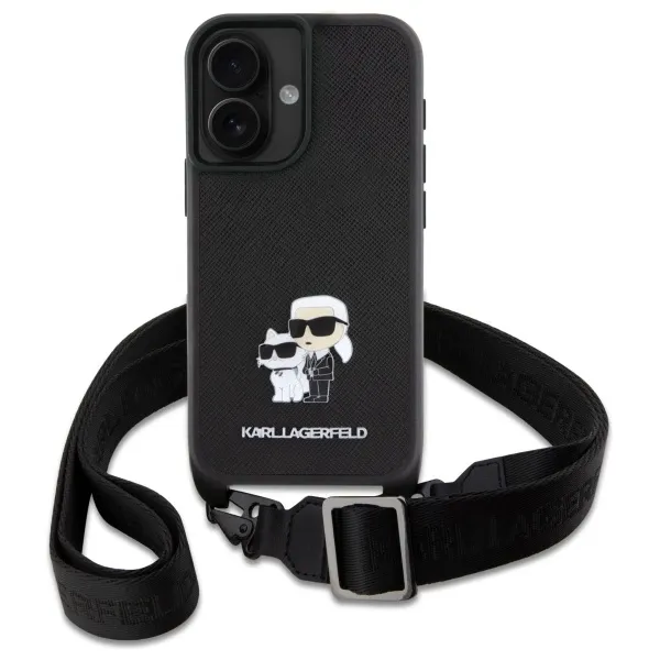 Carcasa Karl Lagerfeld Saffiano Karl &amp; Choupette Metal Pin CBDY Strap compatibila cu iPhone 16, Negru
