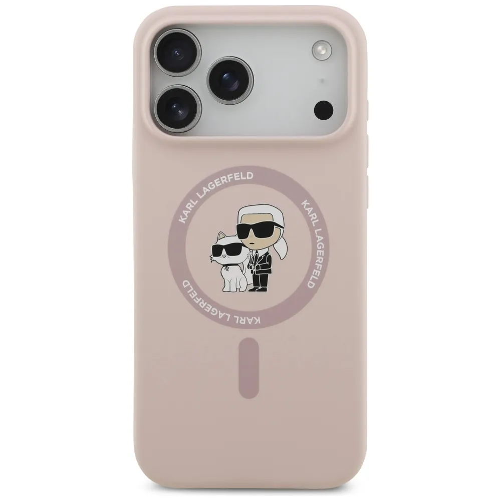 Carcasa Karl Lagerfeld Silicone Karl &amp; Choupette cu MagSafe compatibila cu iPhone 17 Pro Max, Roz