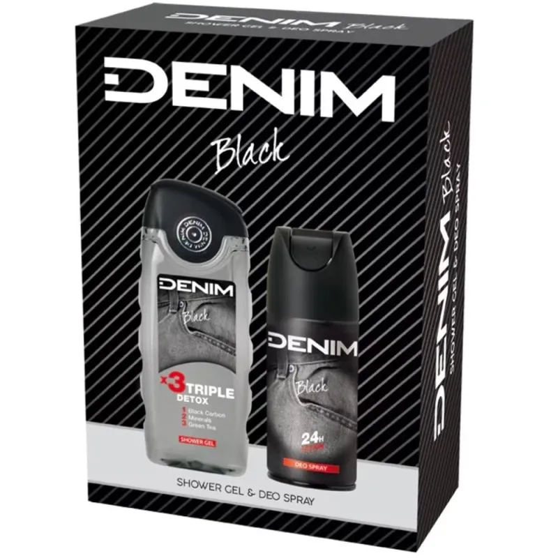 Caseta Cadou Barbati Denim Black, Deodorant 150 ml, Gel Dus 250 ml