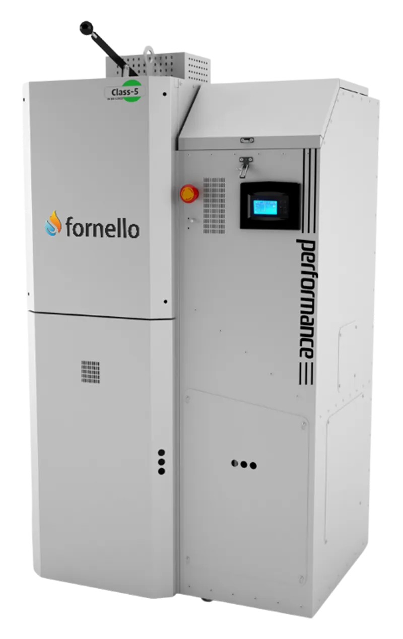 Centrala pe peleti Fornello Slimpel Performance 40 kw, arzator inox, sistem curatare arzator automat, pompa de circulatie, tiraj fortat , buncar 190 litri, pompa electronica Grundfos, sistem curatare mecanica schimbator de caldura, A+