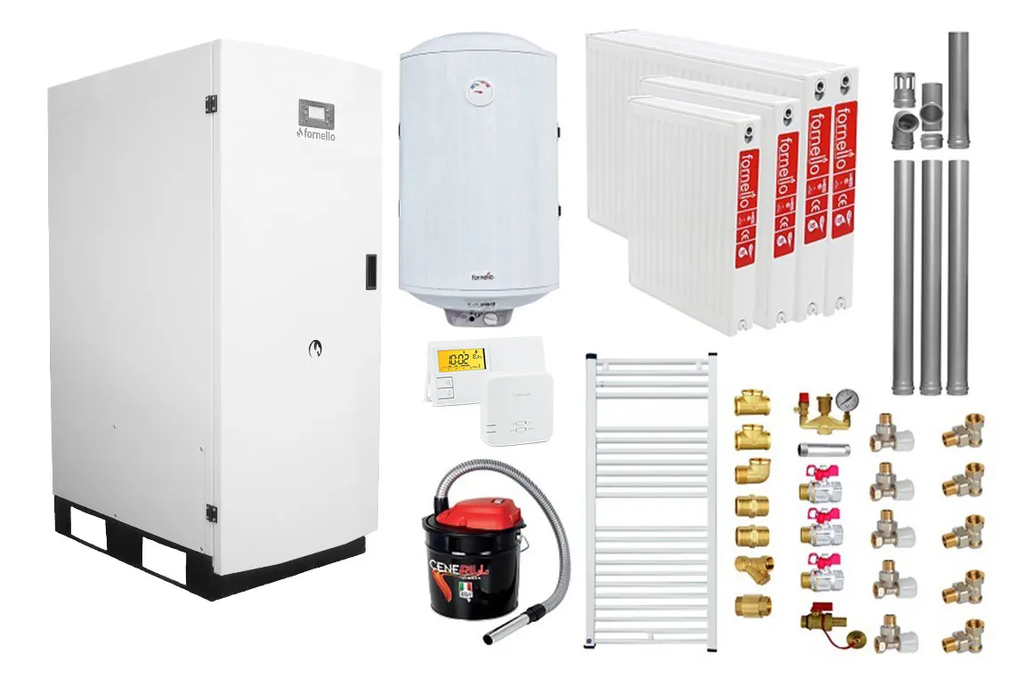 Centrala termica pe peleti Fornello GT 25 Standard, echipata cu pompa circulatie Wilo, vas expansiune, manometru, calorifere, boiler fornello 100 l, kit evacuare 3.5 ml, Termostat Salus 091FLRFV2 si Aspirator Cenusa, fitinguri