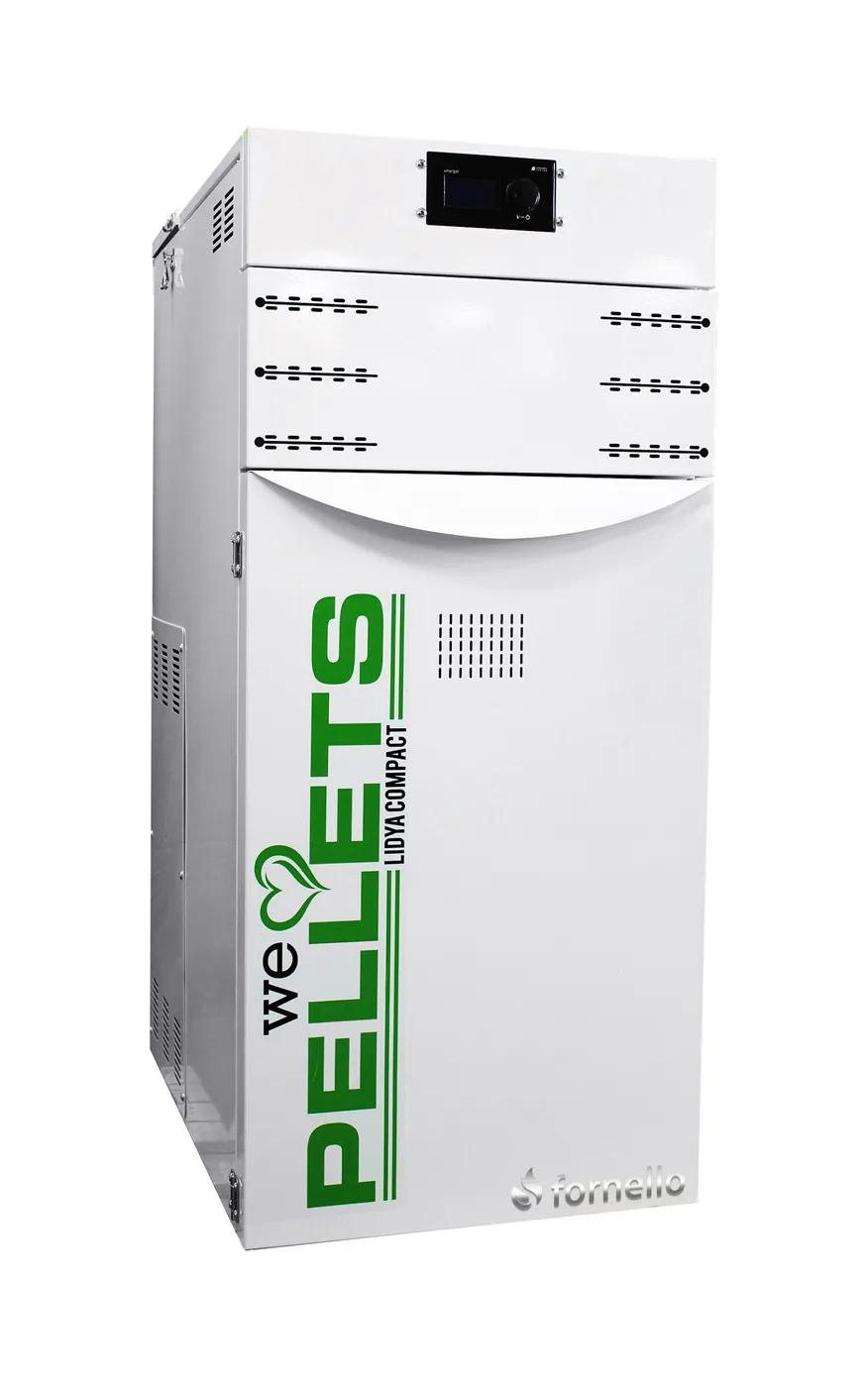 Centrala termica pe peleti Fornello Lidya Compact Plus 25 kw, curatare automata arzator si mecanica schimbator, echipata cu pompa electronica Grundfos, vas expansiune, grup siguranta integrat, arzator inox, clasa A+