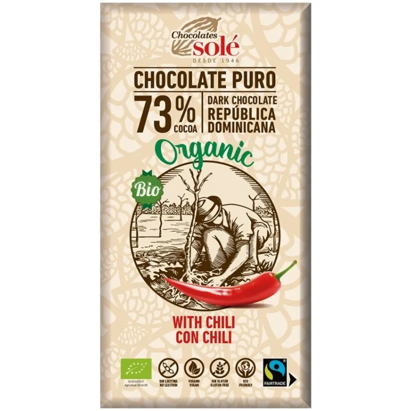 Ciocolata Neagra BIO cu Chili, 73% Cacao, 100 g, Chocolates Sole