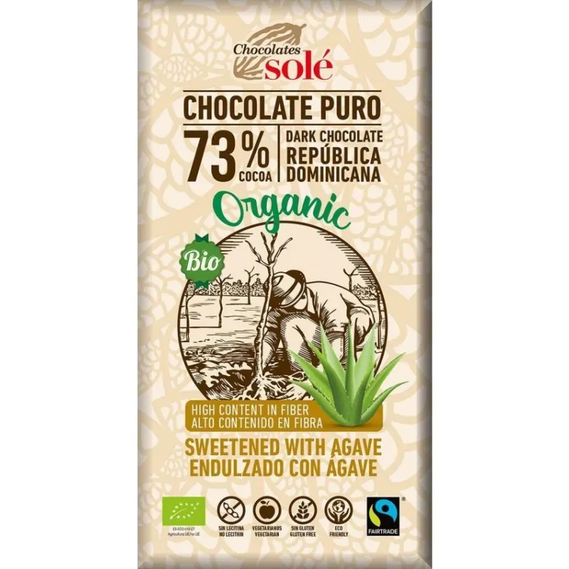 Ciocolata Neagra BIO cu Sirop de Agave, 73% Cacao, 100 g, Chocolates Sole