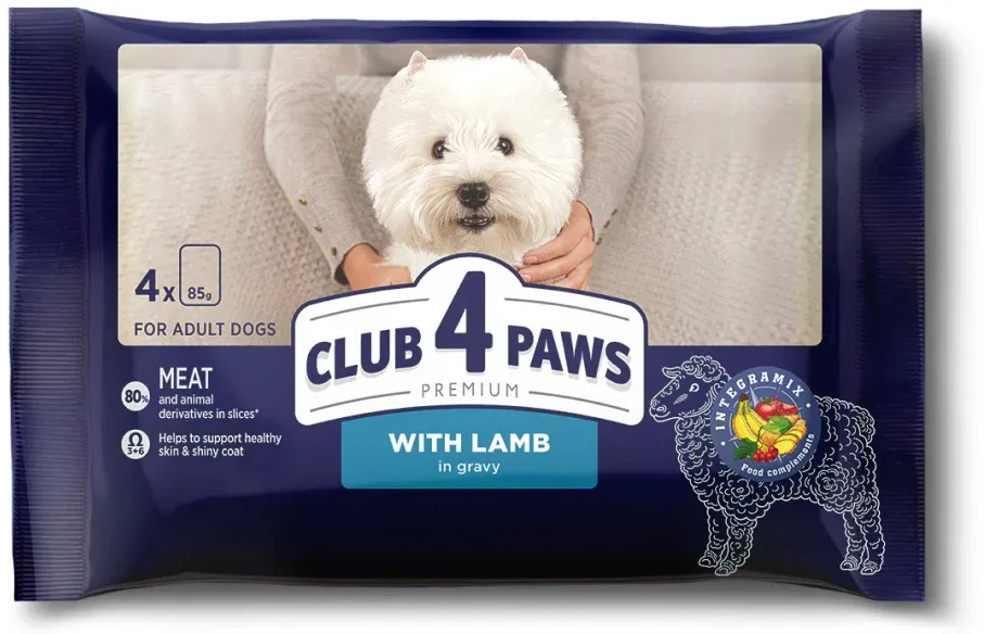 CLUB 4 PAWS Multipack Hrană umedă pentru câini, cu Miel 4x85g