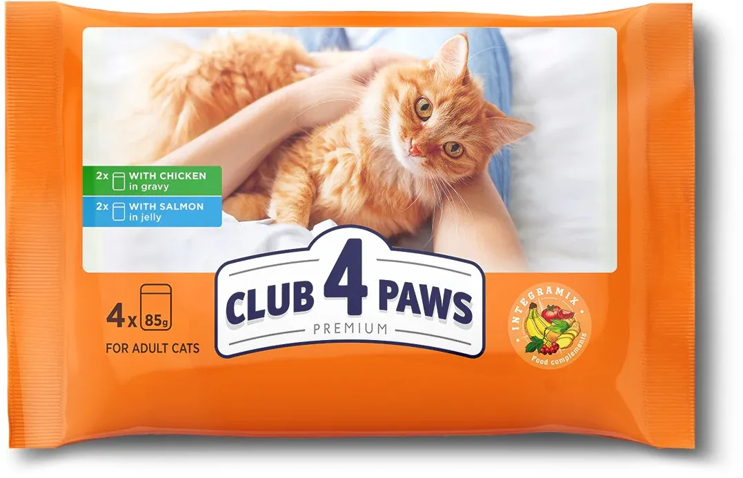 CLUB 4 PAWS Multipack Hrană umedă pentru pisici, cu Pui şi Somon 4x85g