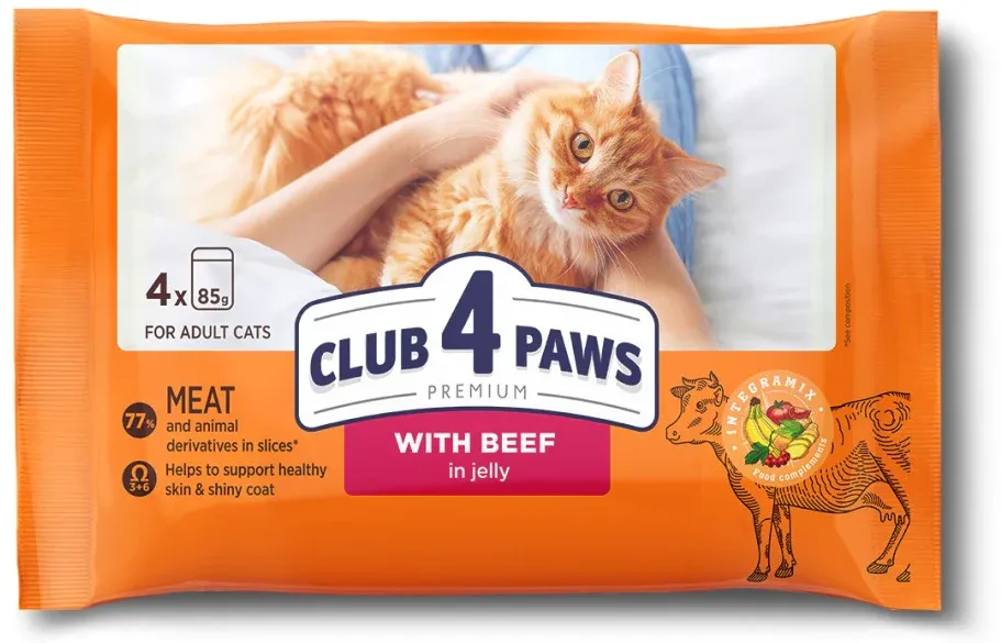 CLUB 4 PAWS Multipack Hrană umedă pentru pisici, cu Vită 4x85g