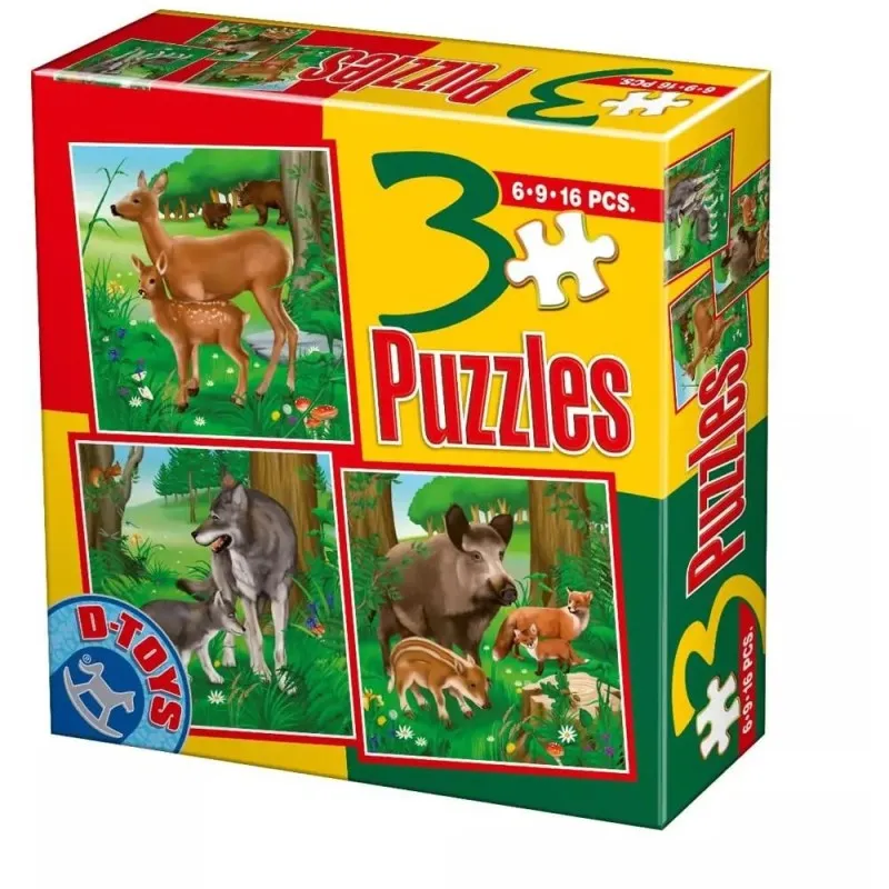 Colectie 3 Puzzle Copii,  6, 9, 16 Piese, Animale Salbatice