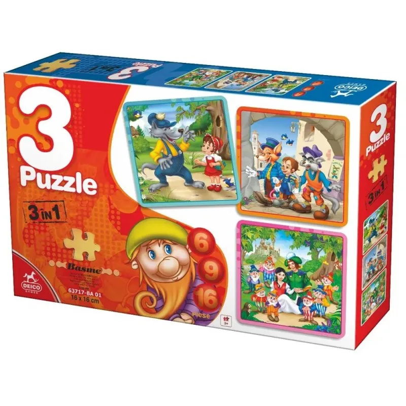 Colectie 3 Puzzle Copii,  6, 9, 16 Piese, Basme