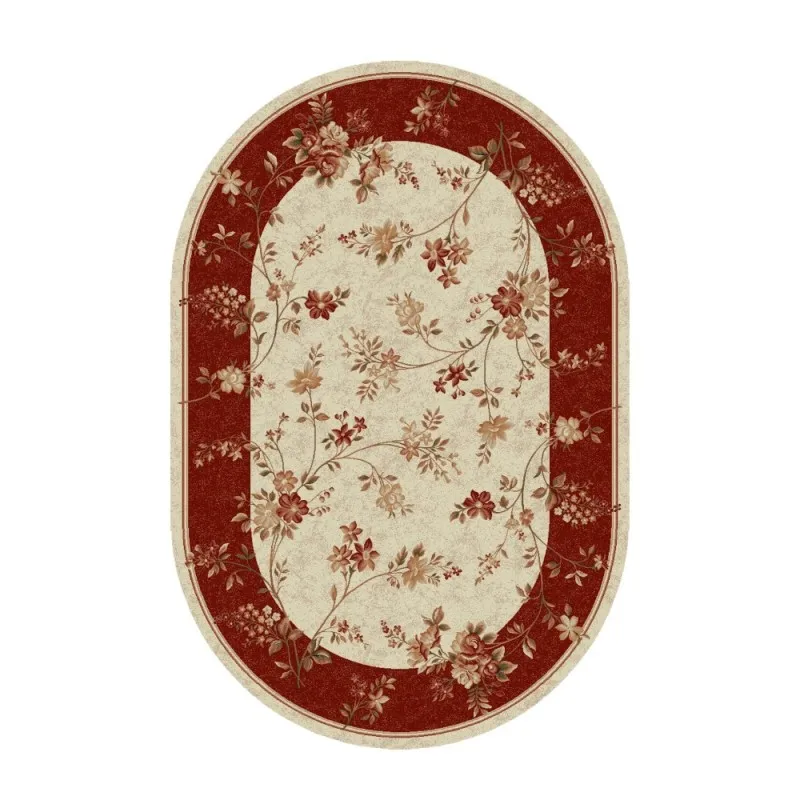 Covor Oval, 100 x 200 cm, Crem / Rosu, Model Flori Lotos