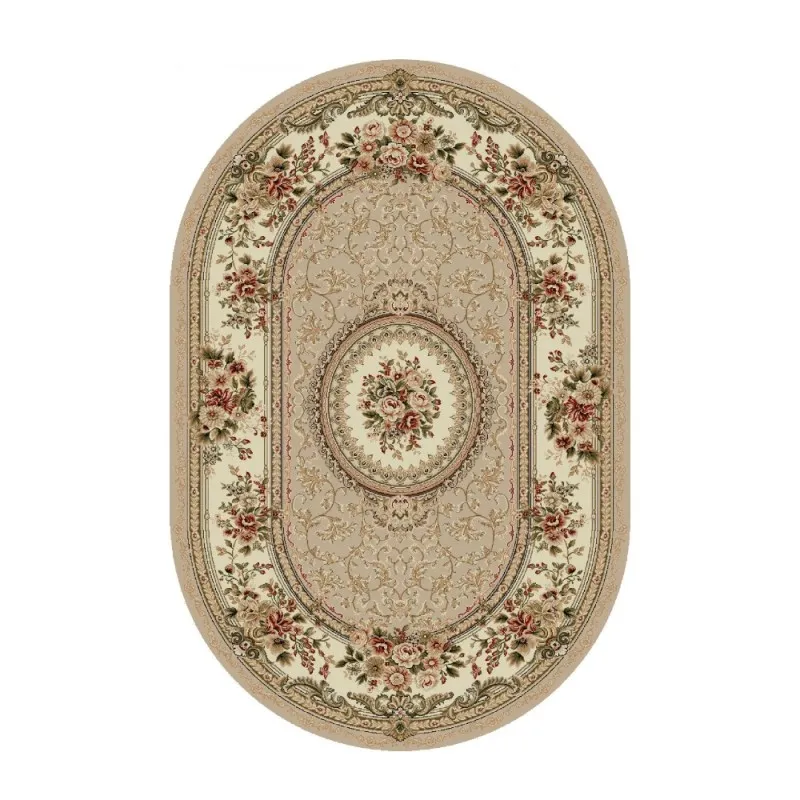 Covor Oval, 60 x 110 cm, Bej / Crem, Model Floral Lotos