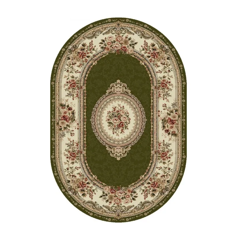 Covor Oval, 80 x 150 cm, Verde / Crem, Model Floral Lotos