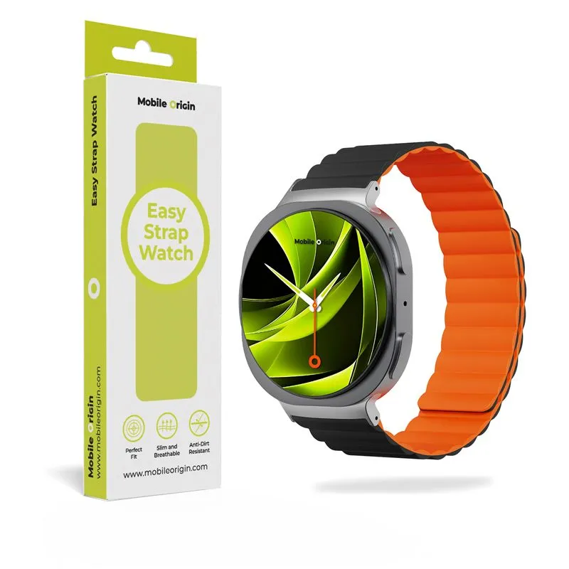 Curea din silicon Mobile Origin Easy Strap compatibila cu Samsung Galaxy Watch 8 40/44/46mm, Incarcare Magnetica, Negru / Portocaliu