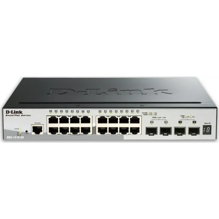 D-Link Switch D-Link DGS-1510-20, 16 porturi Gigabit, 2 porturi SFP, 2 porturi SFP+ 10G, Capacity 76Gbps, S