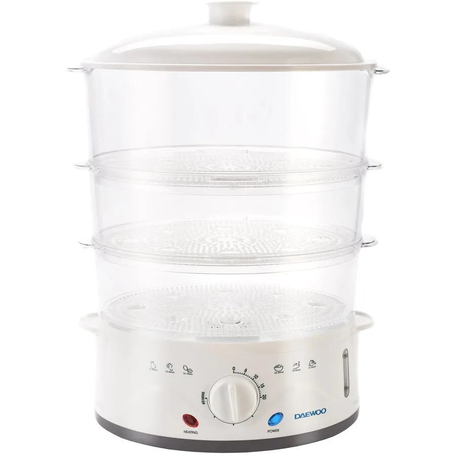 Daewoo Aparat de gatit cu aburi Daewoo DFS900W, 900 W, 3 cosuri, 8.5 l, Timer 60 min, Design ergonomic, Alb