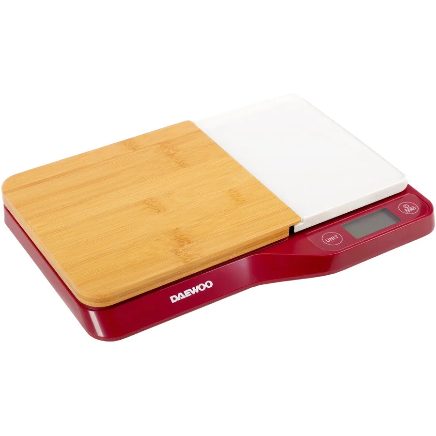 Daewoo Cantar de bucatarie cu tocator Daewoo DKS10R, 5 kg, 1 g, tocator din bambus, LCD, Rosu