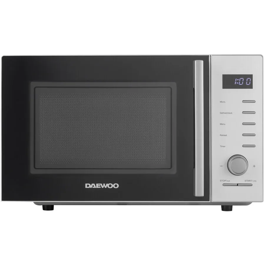 Daewoo Cuptor cu microunde Daewoo, control digital, 25 litri, putere 850 W, 5 niveluri de putere, 8 retete presetate, display led alb, farfurie interioara de 28,5 cm, culoare: Silver