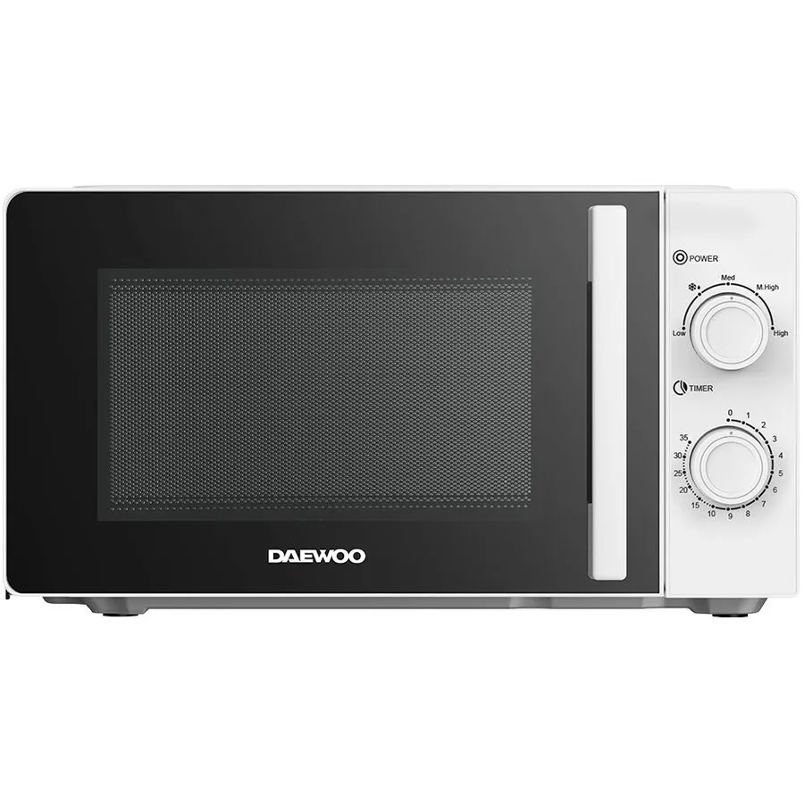 Daewoo Cuptor cu microunde Daewoo, control mecanic, 20 litri, putere 700 W, 5 niveluri de putere, farfurie interioara de 24,5 cm, Alb