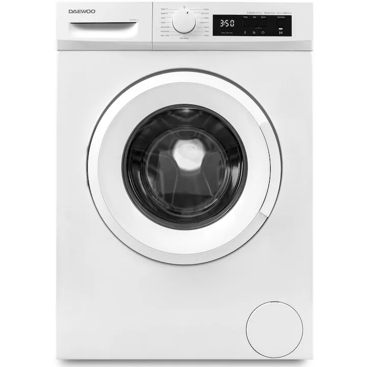 Daewoo Masina de spalat rufe Daewoo, 8 kg, motor inverter, 1200 rpm, clasa A-20%, 16 programne, butoane touch, usa dubla neagra (PC Cover), culoare Alb