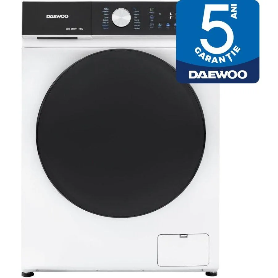 Daewoo Masina de spalat rufe Daewoo, 8 kg, motor inverter, 1400 rpm, clasa A-30%, 16 programe, butoane touch, panou de control negru cu pictograme colorate, usa dubla neagra (PC Cover), culoare Alb