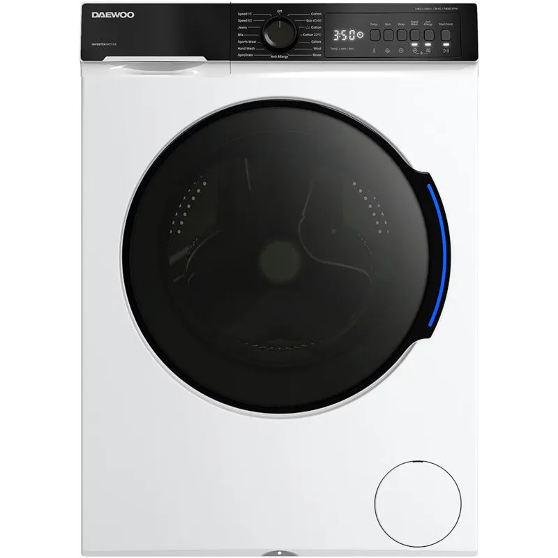 Daewoo Masina de spalat rufe Daewoo, 8 kg, motor inverter, 1400 rpm, clasa A,  design: Panou negru + usa dubla neagra (PC Cover), Steam Wash, culoare Alb