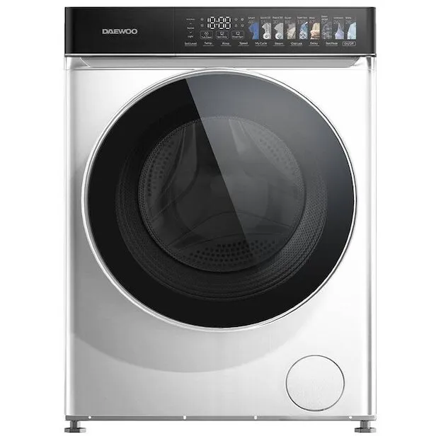 Daewoo Masina de spalat rufe Daewoo, 9 kg, motor DIRECT DRIVE inverter, 1400 rpm, clasa A, 12 programe, butoane touch, panou de control negru cu pictograme mari colorate, usa dubla neagra cu inel cromat, culoare Alb