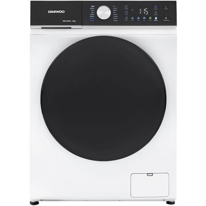 Daewoo Masina de spalat rufe Daewoo, 9 kg, motor inverter, 1400 rpm, clasa A, 16 programe,  butoane touch, panou de control negru cu pictograme colorate, usa dubla neagra (PC Cover), culoare Alb