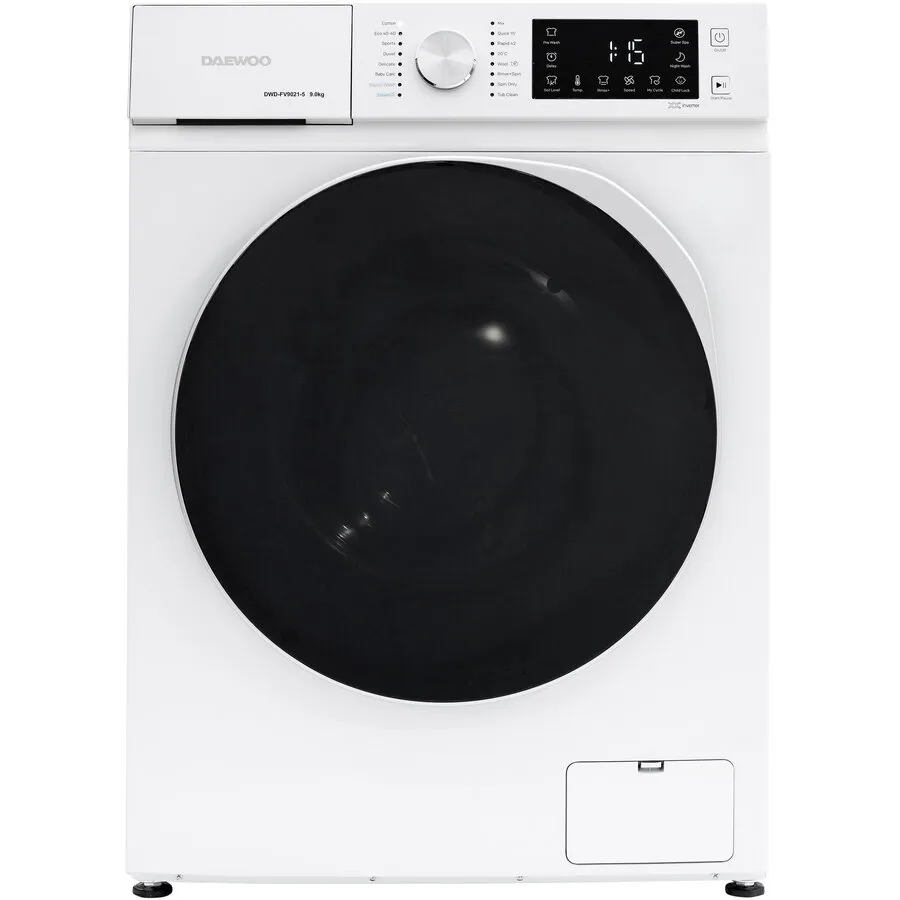 Daewoo Masina de spalat rufe Daewoo DWD-FV9021-5, 9 kg, motor inverter, 1400 rpm, clasa A-30%, 16 programne, butoane touch, usa dubla neagra (PC Cover), culoare Alb
