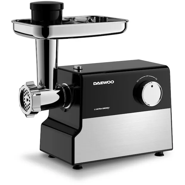 Daewoo Masina de tocat carne Daewoo DMG2000DC, 2000 W, 2.5 kg/minut, 3 discuri de taiere, accesorii suc de rosii+carnati, lama taiere din inox, functie reverse, clasa de protectie l, negru/argintiu