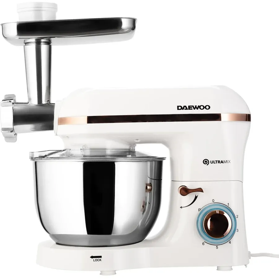 Daewoo Mixer cu bol Daewoo DHM200MGW, 2000W, capacitate bol 5.5l, accesoriu masina de tocat, capacitate de tocare 1.2 kg/min, 3 discuri de taiere din inox, tel, carlig framantare, palete amestecare, Alb