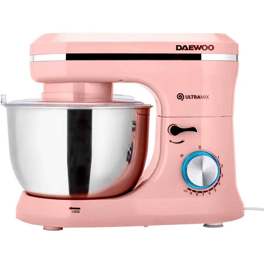 Daewoo Mixer cu bol Daewoo , putere 1600 W, 10 viteze, capacitate bol 4.5 litri, bol rotativ, accesorii incluse:tel, carlig framantare, palete amestecare, picioruse antialunecare din silicon, culoare roz