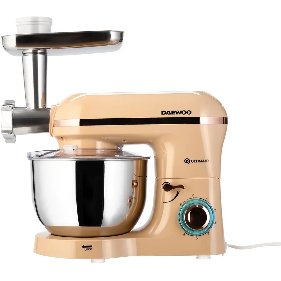 Daewoo Mixer cu bol si masina de tocat Daewoo DHM200MGC, 2000W, capacitate bol 5.5l, accesoriu masina de tocat, capacitate de tocare 1.2 kg/min, 3 discuri de taiere din inox, tel, carlig framantare, palete amestecare, Crem