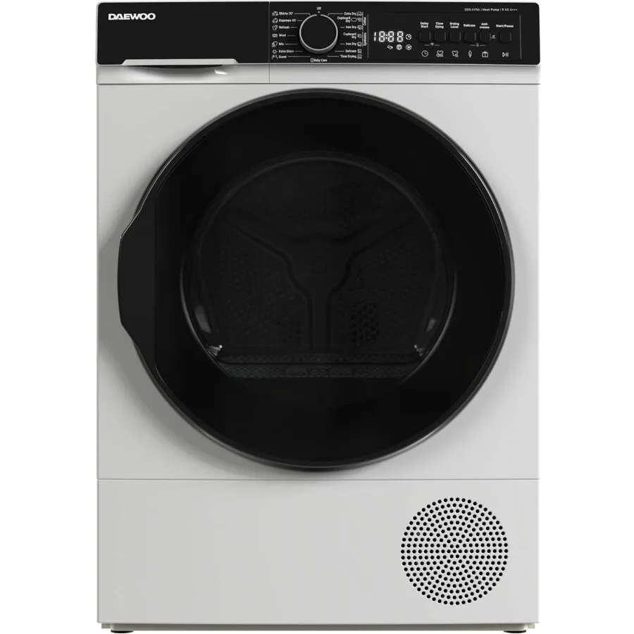 Daewoo Uscator de rufe Daewoo, pompa de caldura, 9 kg, clasa C, functie Wi-fi, design Panou T2 negru + usa XXL neagra, Alb