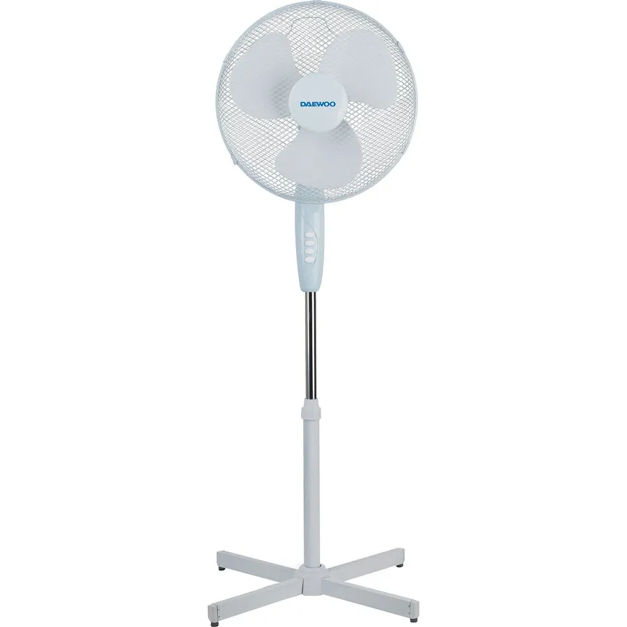 Daewoo Ventilator cu picior Daewoo DVS1699V, putere 50 W, 40 cm diametru, trei trepte de putere, inaltime reglabila pana la 125 cm, gril frontal de protectie, oscilare la 90 grade, baza stabila, Alb