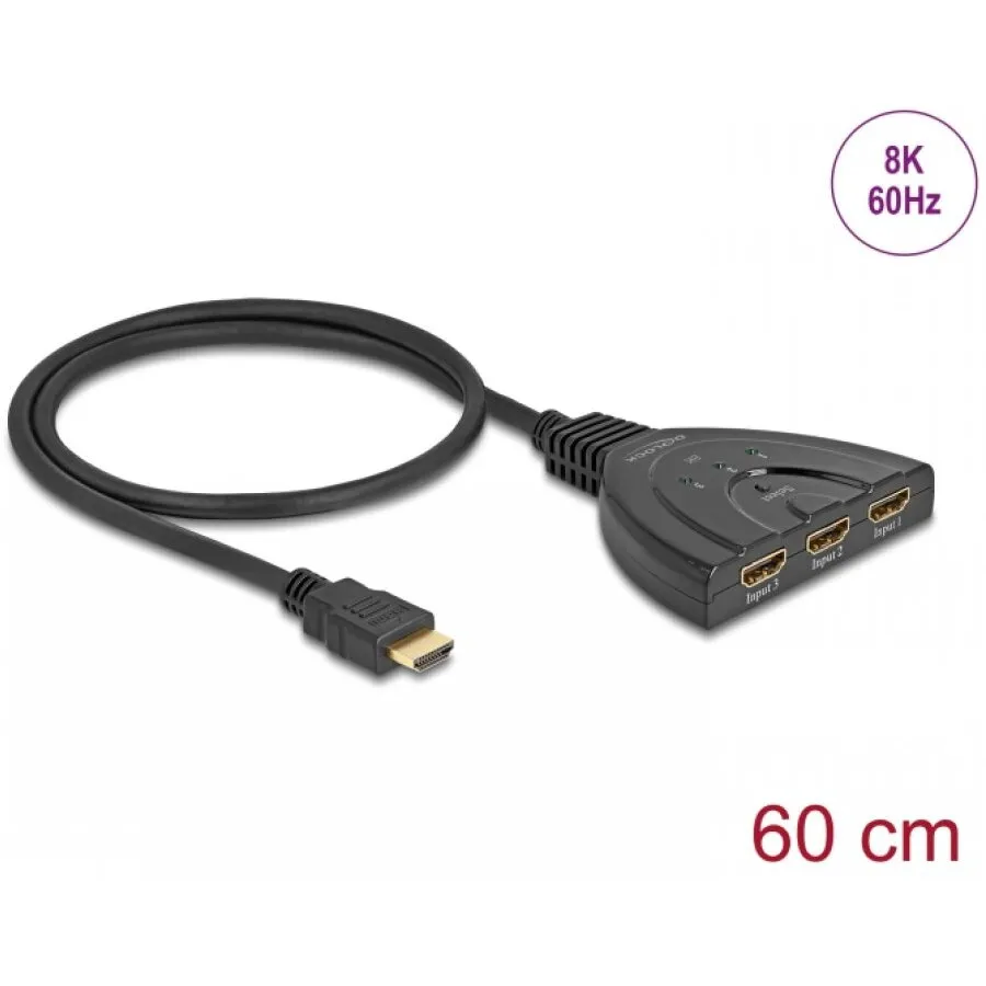 Delock Switch HDMI cu 3 porturi 8K60Hz/4K144Hz + cablu integrat 60cm, Delock 18649