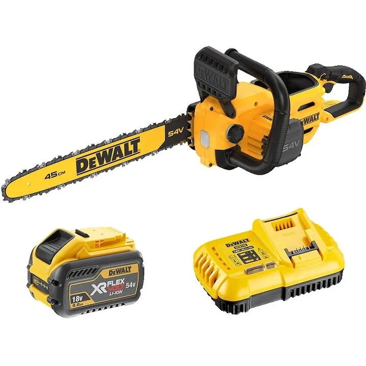Dewalt Drujba (fierastrau electric) cu lant pe acumulator DeWALT DCMCS574X1, 18V/54V XR Flexvolt, motor fara perii, lungime lama 45 cm, viteza lant 13.5 m/s, lubrifiere ulei automata, include: incarcator + acumulator 54V XR Flexvolt 9.0 Ah