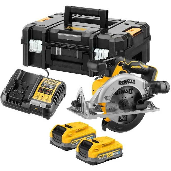 Dewalt Fierastrau circular profesional pe acumulator DeWALT DC565S2T, 18 V XR, brushless, disc 165 mm, 2x acumulator Li-Ion 3.5 Ah POWERSTACK, frana electronica, sistem evacuare praf Air Lock, cutie TSTAK, incarcator rapid