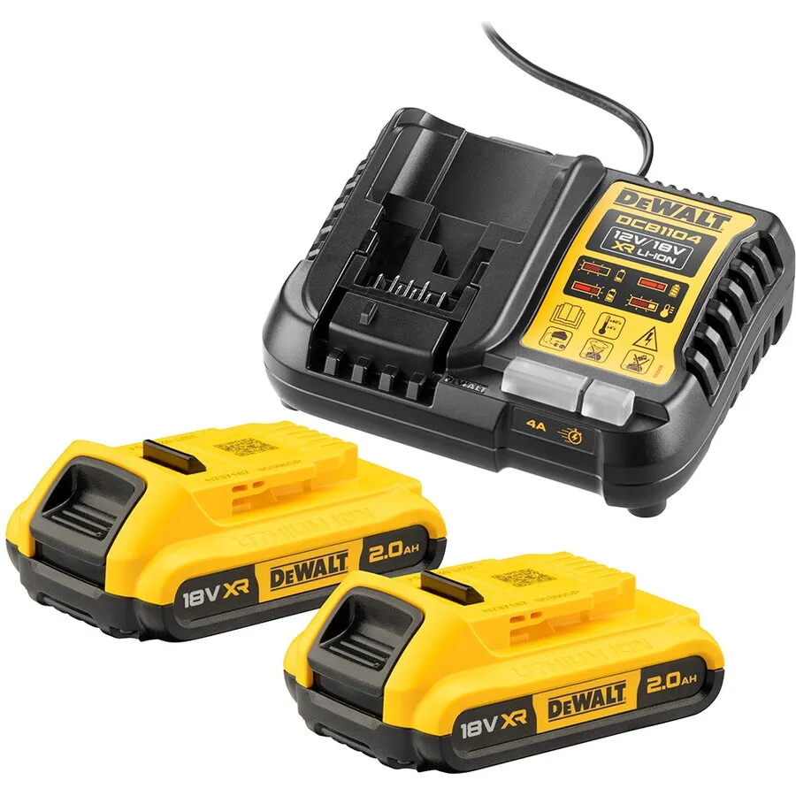 Dewalt Kit starter cu incarcator si 2 acumulatori DCB1104D2 XR 18V 2 Ah compatibilitate multipla, incarcare rapida, indicator nivel de incarcare (include 2x acumulator DCB183 + incarcator DCB1104), compatibili cu toate uneltele electrice DeWALT 18V XR, N