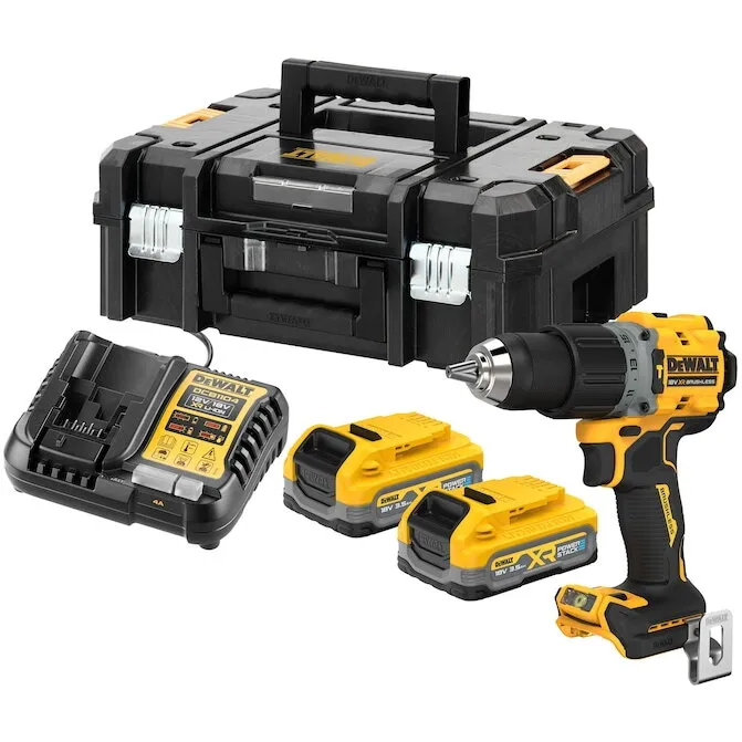 Dewalt Masina compacta de gaurit si insurubat (bormasina) pe acumulator cu percutie DeWALT DCD805S2T, 18V XR, motor fara perii, 2x acumulator 3.5 Ah POWERSTACK, 27/90 Nm, 2000 RPM, 2 viteze, iluminare LED, include cutie transport TSTAK, incarcator rapid