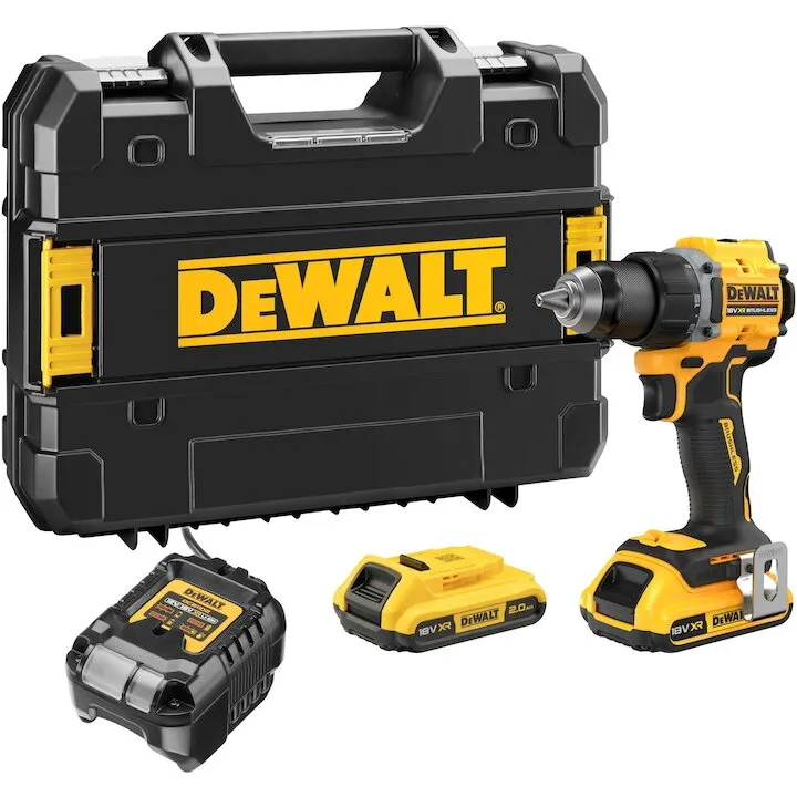 Dewalt Masina compacta de gaurit si insurubat (bormasina) pe acumulator DeWALT DCD794D2T, Motor fara perii, 18V XR, 2 acumulatori 2 Ah Li-Ion, cuplu 74 Nm, 2 viteze, iluminare LED, corp slim 15 cm, incarcator, cutie transport din plastic TSTAK, Made in C