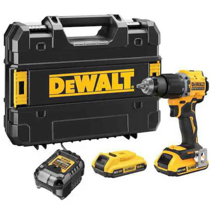 Dewalt Masina compacta de gaurit si insurubat cu percutie (bormasina) pe acumulator DeWALT DCD799D2T, motor fara perii, 18V XR, 2 acumulatori 2 Ah Li-Ion, cuplu 74 Nm, 2 viteze, iluminare LED, corp slim 16.4 cm, incarcator, cutie transport TSTAK