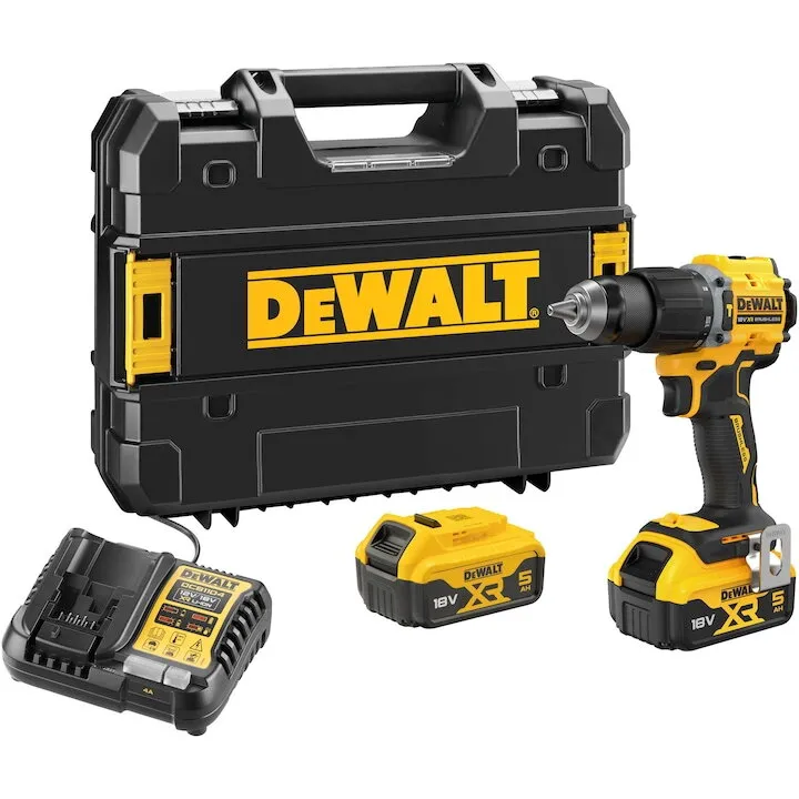 Dewalt Masina compacta de gaurit si insurubat cu percutie (bormasina) pe acumulator DeWALT DCD799P2T, motor fara perii, 18V XR, 2 acumulatori 5 Ah Li-Ion, cuplu 74 Nm, 2 viteze, iluminare LED, corp slim 16.4 cm, incarcator, cutie transport TSTAK