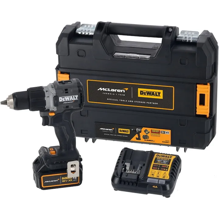 Dewalt Masina de gaurit si insurubat (bormasina) pe acumulator cu percutie DeWALT DCD85MM1T, editie limitata McLaren, 18V XR, acumulator Li-Ion 4 Ah, motor fara perii, iluminare LED, sistem anti-rotatie, cuplu 90 Nm, viteza 0-2000 RPM, cutie transport TS