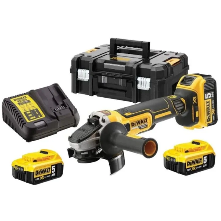 Dewalt Polizor unghiular Dewalt DCG405P3-QW, 18 V, 125 mm diametru disc, Putere 800W, Viteza 9000 RPM, M14 sistem prindere, aparatoare fara cheie, cheie disc, valiza depozitare, 3 acumulatori 5 Ah, incarcator