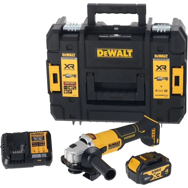 Dewalt Polizor unghiular (flex) pe acumulator DeWALT DCG407M1T, 18V XR, motor fara perii, 9000 RPM, diametru disc 125 mm, prindere M14, 1x acumulator Li-Ion 4 Ah, frana electronica, ambreiaj electronic, profil ingust, deflector de praf, cutie TSTAK