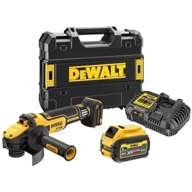 Dewalt Polizor unghiular (flex) pe acumulator DeWALT DCG409VST1, 18V XR, motor fara perii, 9000 RPM, diametru disc 125 mm, acumulator Li-Ion 6 Ah FLEXVOLT, frana electronica, M14, profil ingust, TSTAK, incarcator rapid
