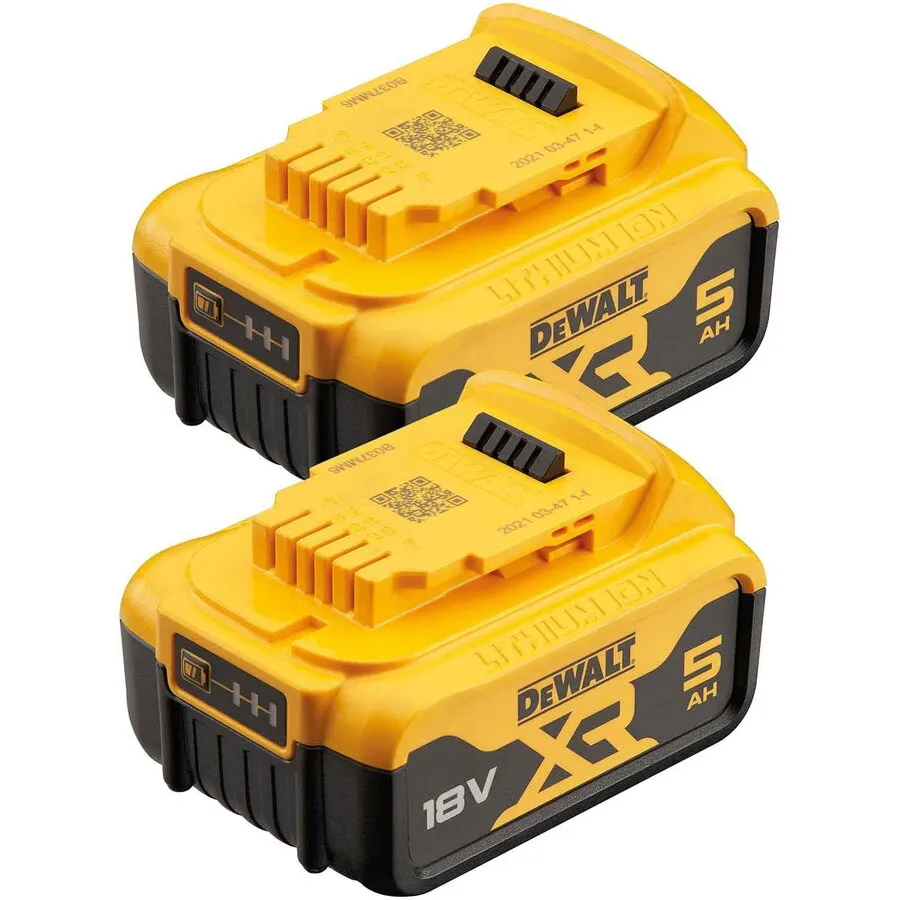 Dewalt Set 2 acumulatori Li-Ion DeWALT DCB184P2 XR 18V 5 Ah compatibilitate multipla, incarcare rapida, indicator nivel de incarcare, compatibili cu toate uneltele electrice DeWALT 18V XR, Negru-Galben