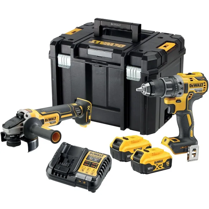 Dewalt Set 2 scule profesionale pe acumulator DeWALT DCK2020P2T, 18V, motor fara perii, include: masina de gaurit DCD791, polizor unghiular DCG405 si 2x acumulator 5 Ah Li-Ion, incarcator rapid, cutie transport TSTAK