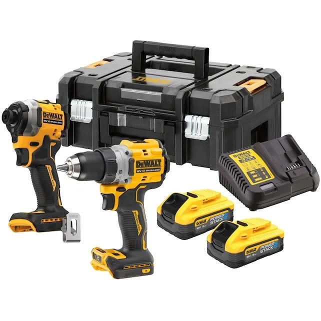 Dewalt Set 2 scule profesionale pe acumulator DeWALT DCK2051H2T, 18V XR, motor fara perii, masina de gaurit si insurubat DCD800, masina de insurubat cu impact DCF850, 2x acumulator Li-Ion 5 Ah POWERSTACK, incarcator rapid, cutie transport TSTAK