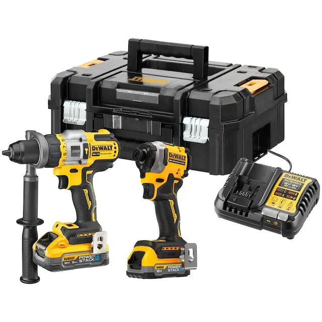 Dewalt Set 2 scule profesionale pe acumulator DeWALT DCK2052H1E1T, 18V XR, Motor fara perii, Masina de gaurit cu percutie DCD999, Masina de insurubat cu impact DCF850, 2x acumulator Li-Ion: 1.7 Ah + 5 Ah POWERSTACK, Incarcator rapid, Cutie transport TSTA